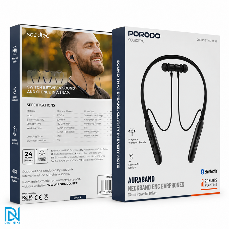 هندزفری بلوتوث گردنی مجهز به فناوری ENC پرودو مدل Porodo Soundtec Auraband Neckband ENC Earphones
